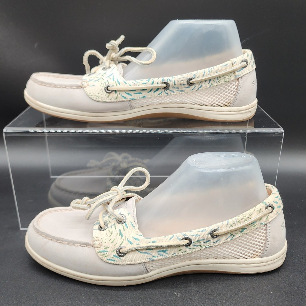 Sperry 9.5M White Leather Boat Shoes Mesh Side Coastal Preppy Nautical STS95992